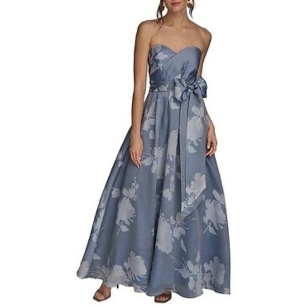 Donna Karan New York Formal Gown Strapless Organza 14 Tencel Floral‎ Blue NWOT